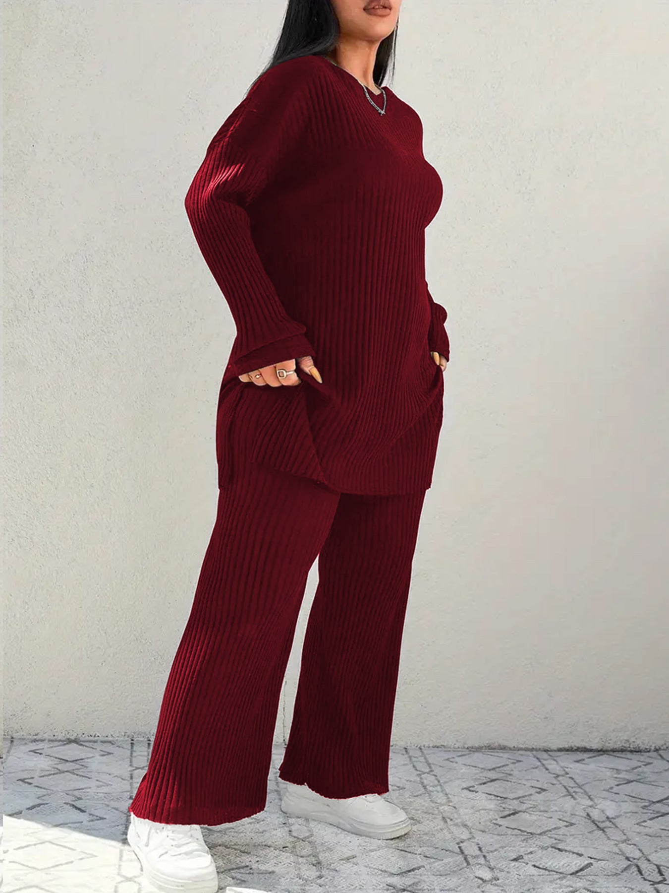 Plus Size Ribbed Knit Lounge Pants Set