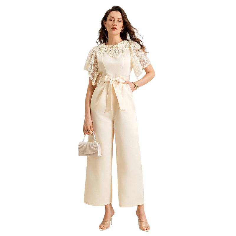 Elegant Lace Sleeve Satin Belted Wide Leg Jumpsuit