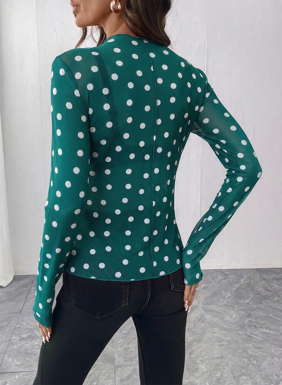 Polka Dot Mesh Top Sheer Fitted Club Blouse