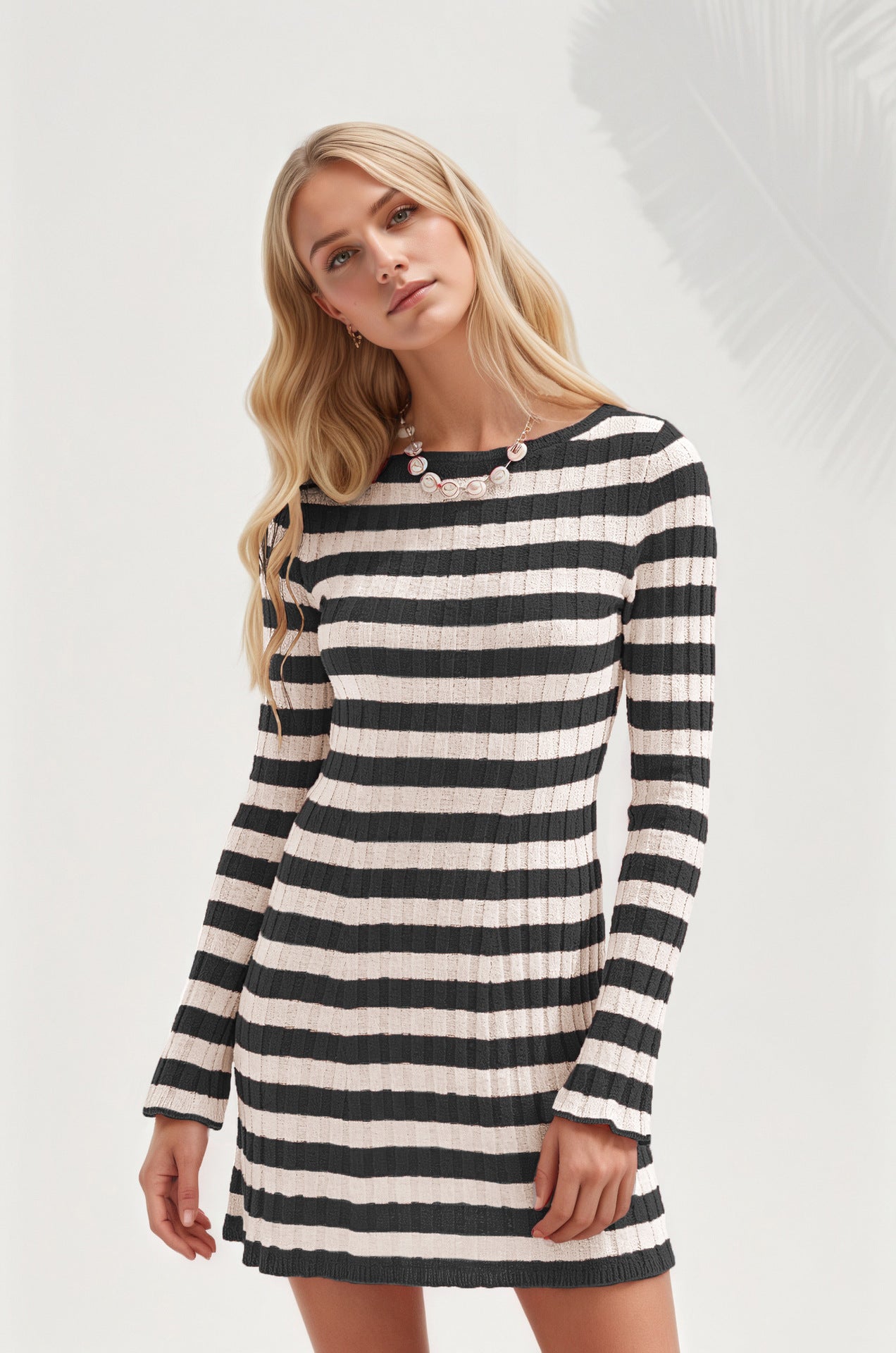 Striped Ribbed Knit Dress Mini Long Sleeve Trendy