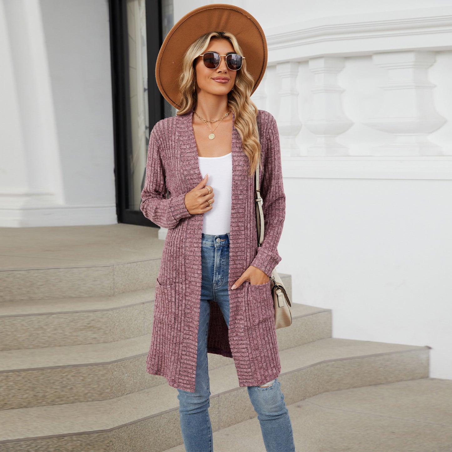 Long Solid Color Long-sleeved Loose Pocket Cardigan