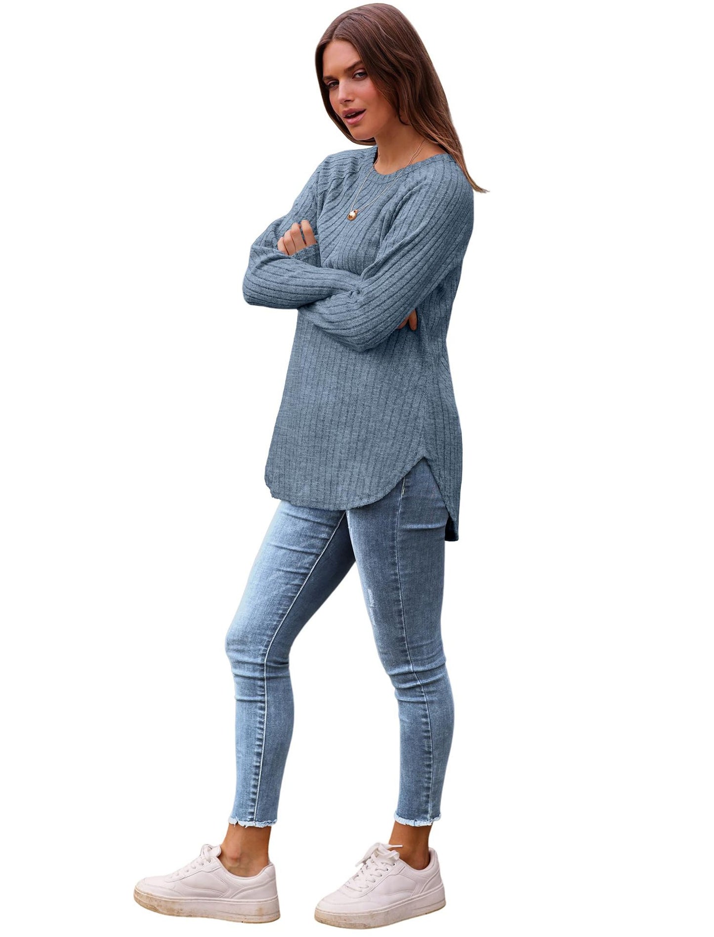 Solid Ribbed Knit Tunic Top Curved Hem Long Sleeve