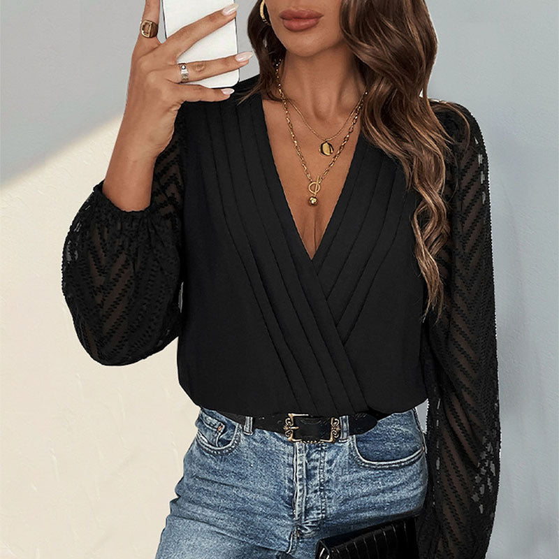 Elegant V Neck Lace Long Sleeve Bodysuit for Women