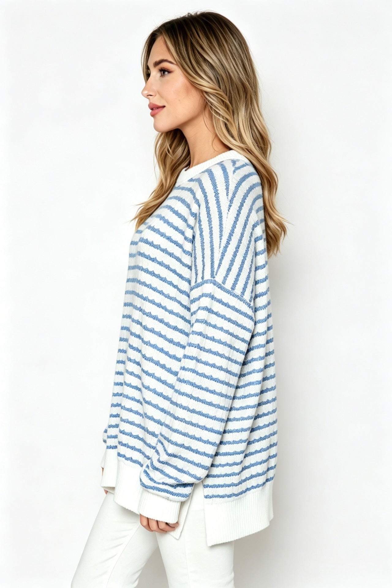 Striped Oversized Crew Neck Sweater Boutique Knit Top