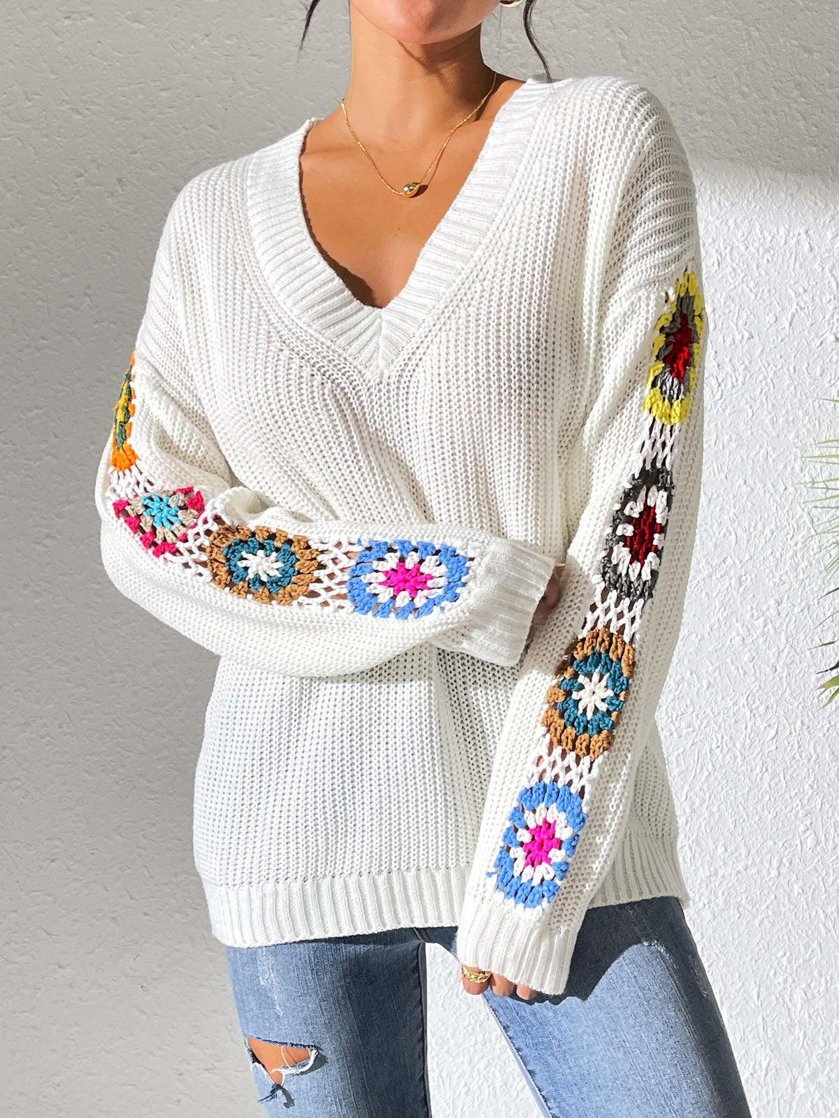 Women's Crochet Patchwork V-Neck Knit Sweater