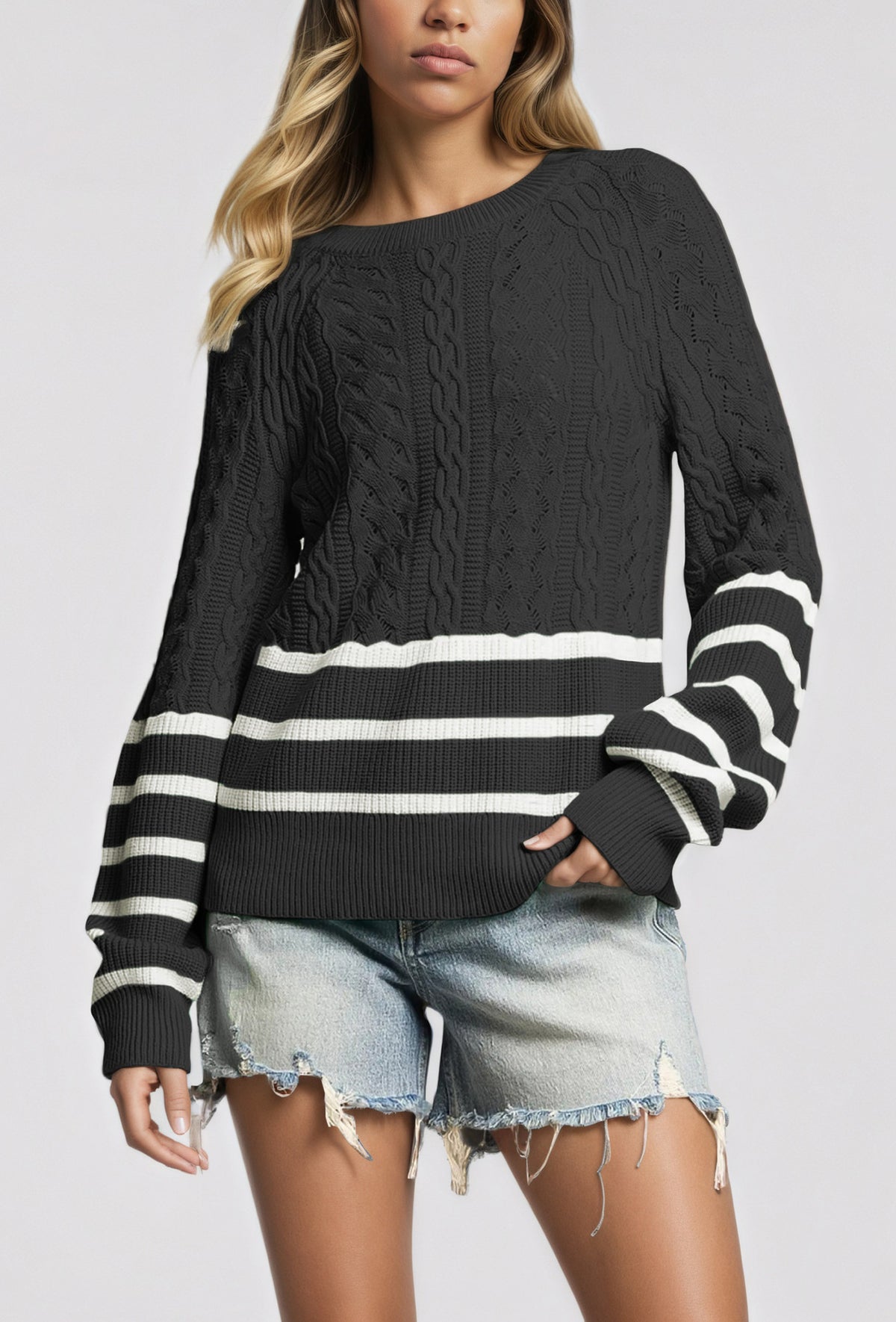 Oversized Cable Knit Striped Crew Neck Sweater