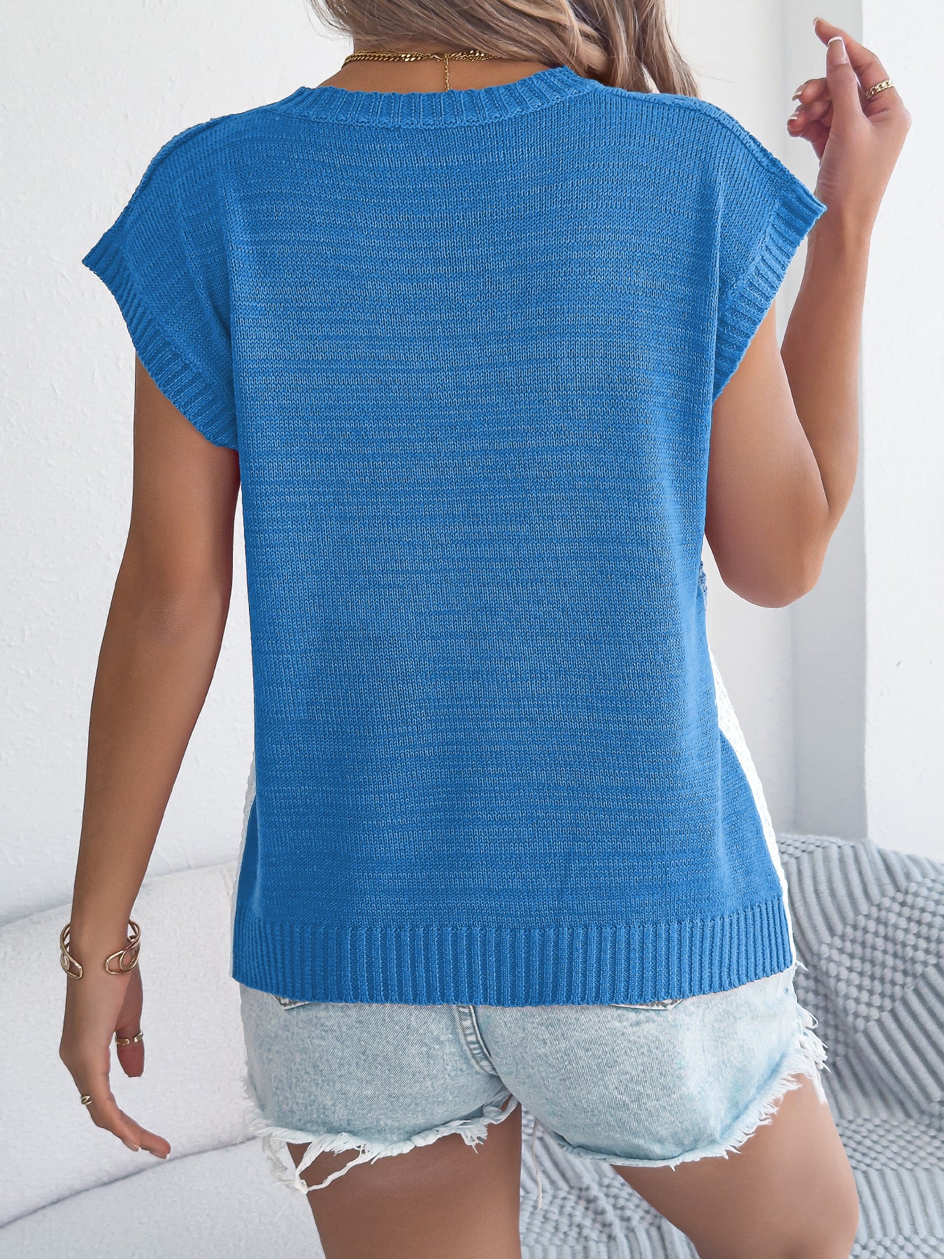 Color Block Cable Knit Cap Sleeve Sweater Top