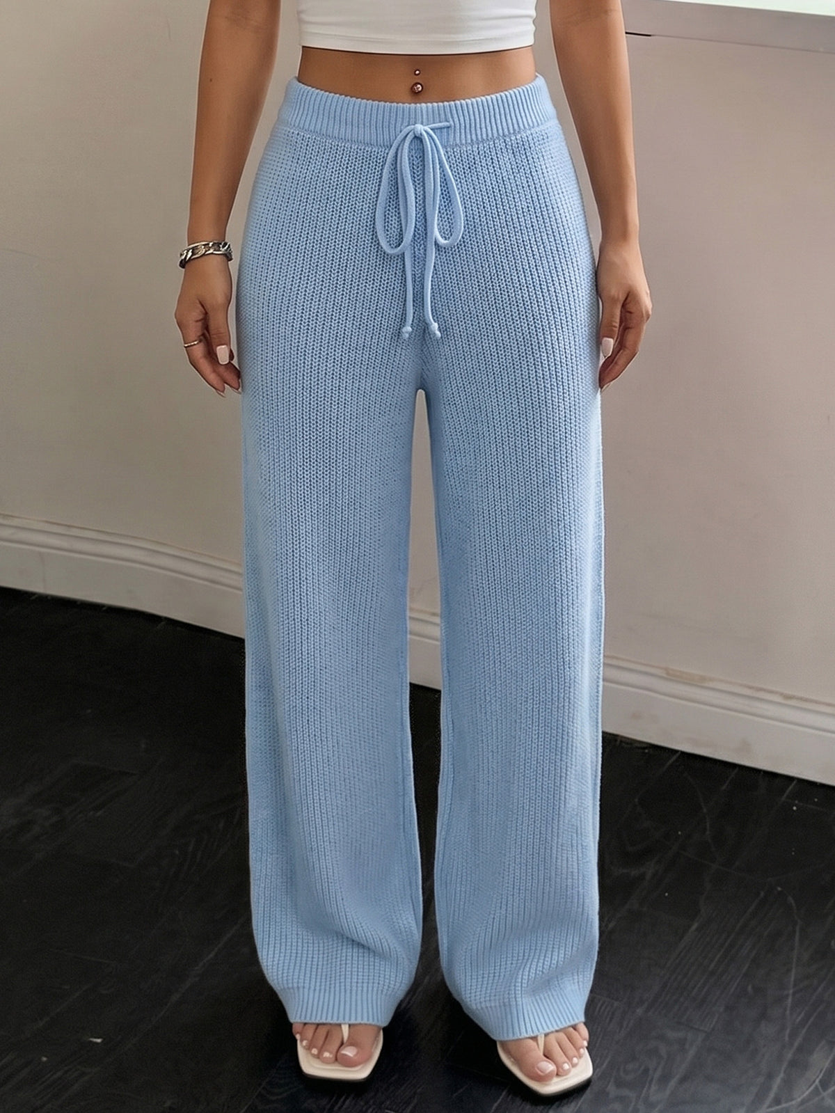 Women's Knit Wide Leg Pants Drawstring High Waist Casual