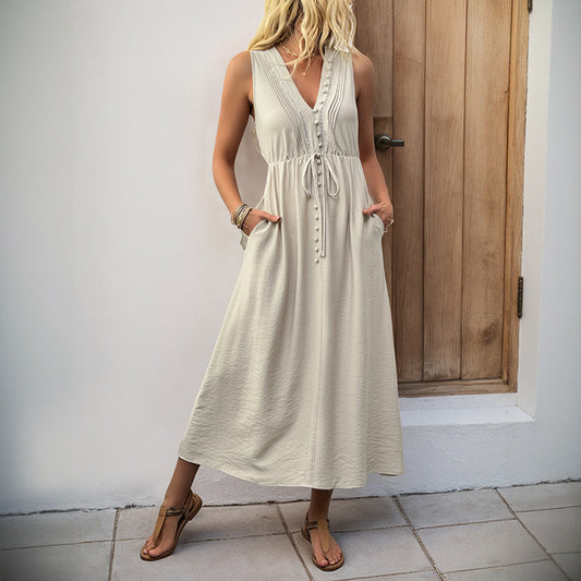 Solid Color Summer V Neck Sleeveless Midi Dress with Drawstring Waist