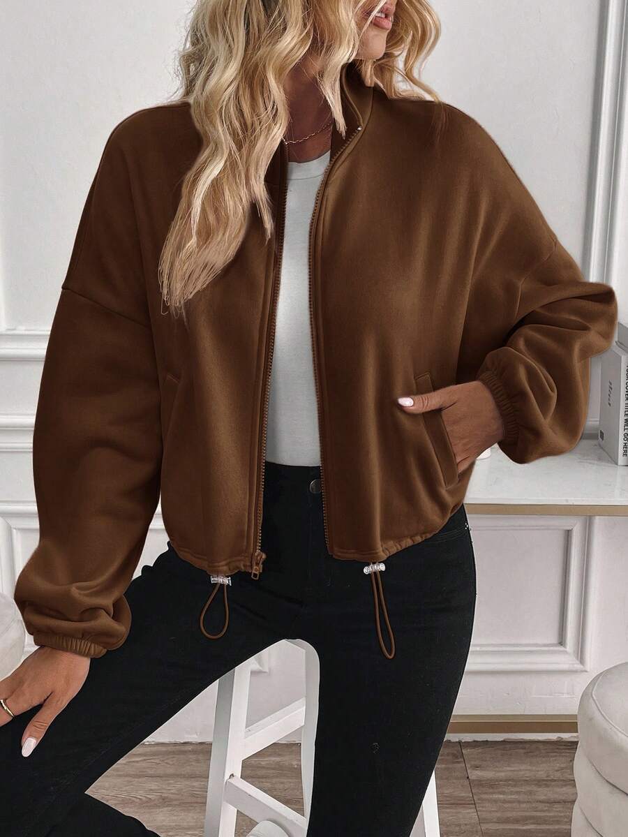 Fleece Zip Up Jacket Drawstring Casual Cropped Outerwear