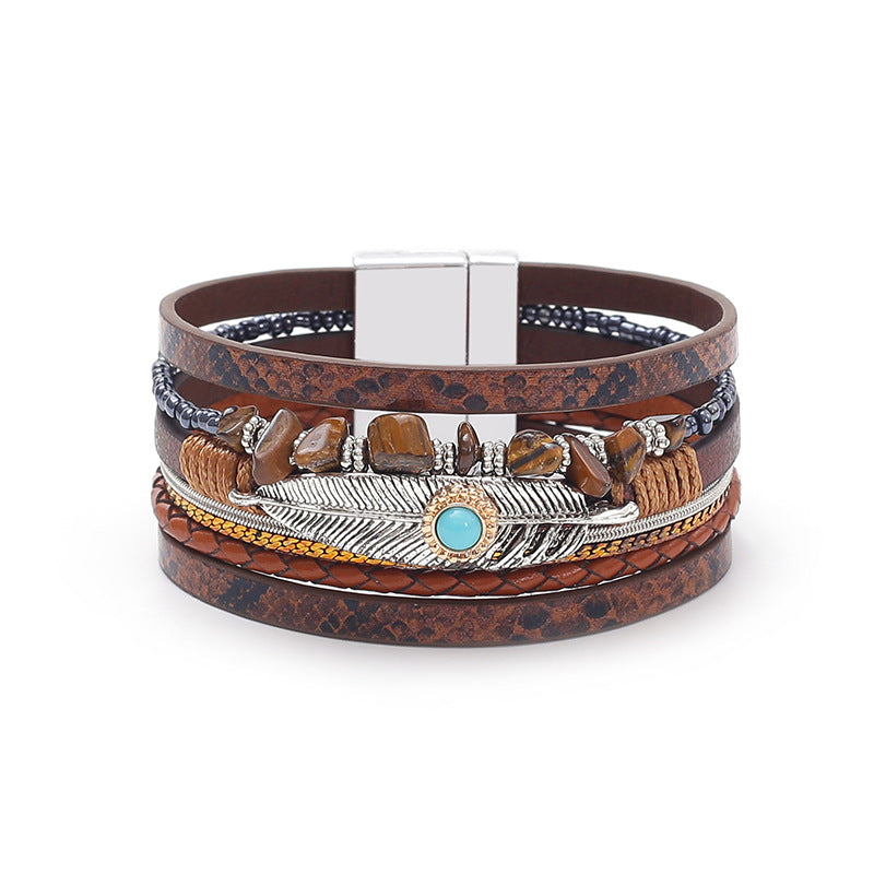Boho Leather Feather Turquoise Wrap Bracelet for Women