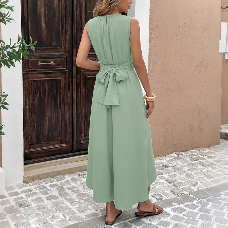 Belted Sleeveless Midi Dress Asymmetrical Hem Resort Style