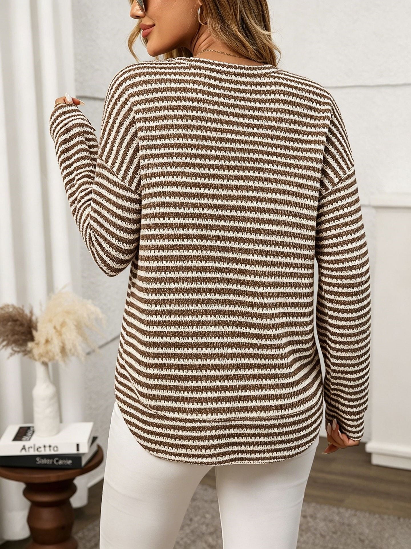 Waffle Knit Striped Long Sleeve Top Relaxed Fit Casual Style