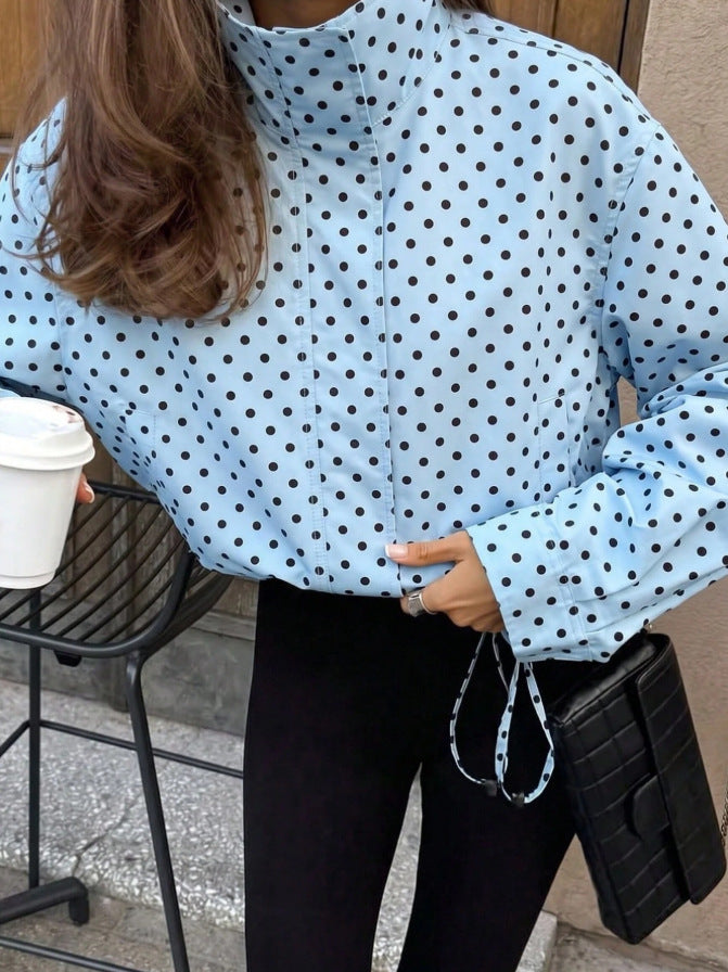 Polka Dot Woven Jacket Trendy Zip Up Stand Collar