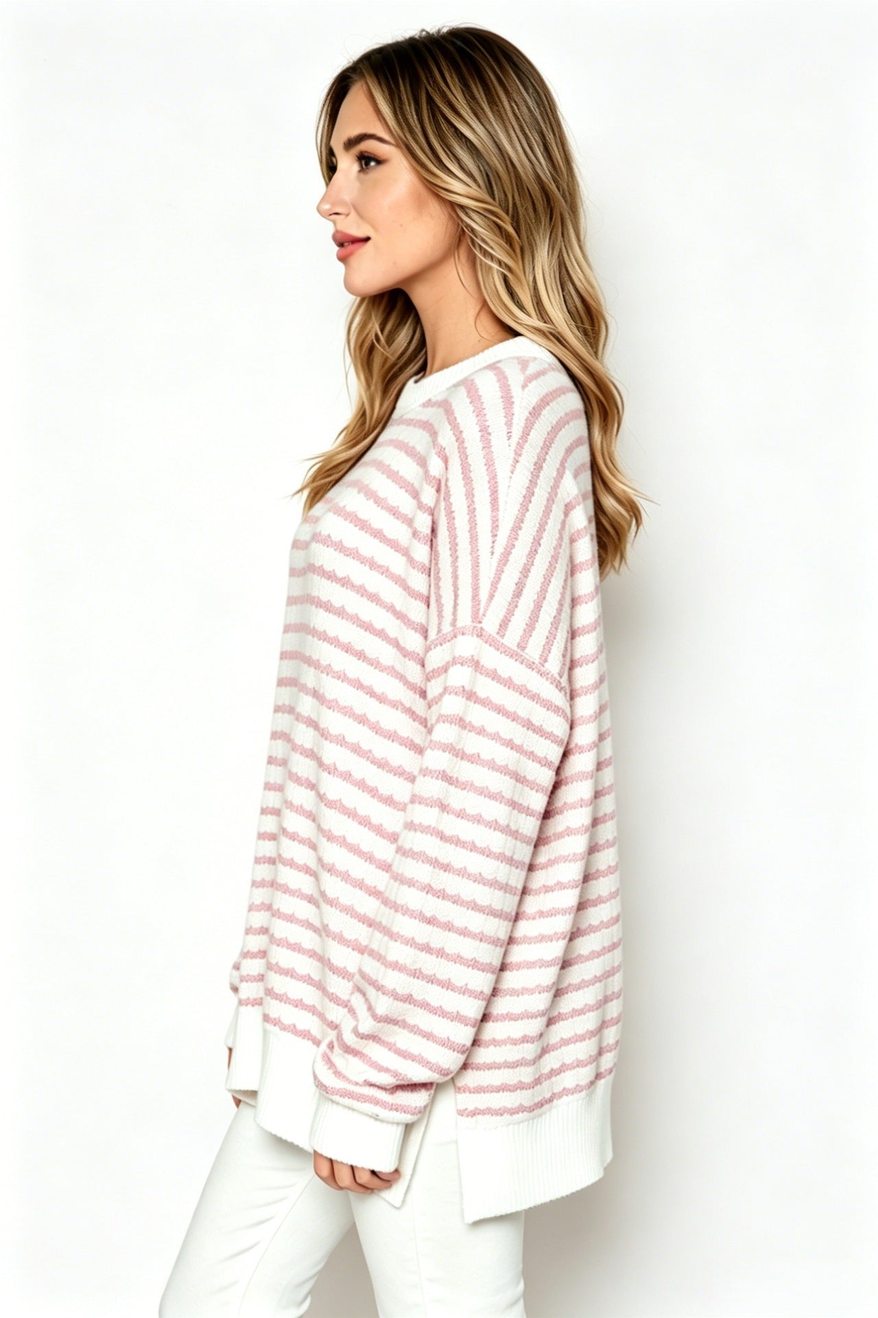 Striped Oversized Crew Neck Sweater Boutique Knit Top