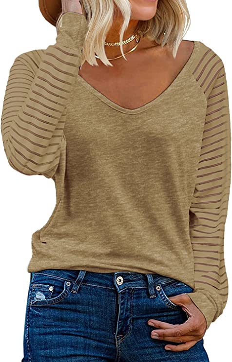 Striped Cotton Top Casual V Neck Sheer Sleeves