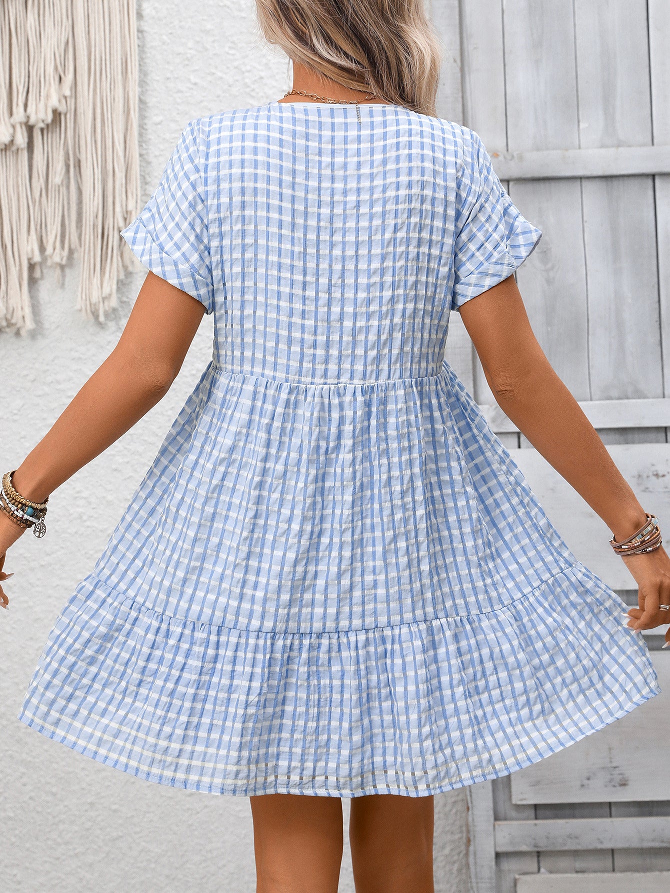 Gingham V Neck Short Sleeve Summer Dress with Ruffle Hem