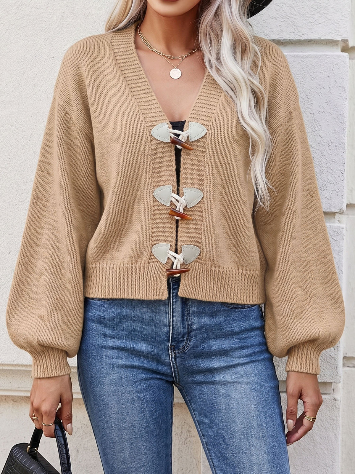 Women's Chunky Knit Cardigan Toggle Button Balloon Sleeve