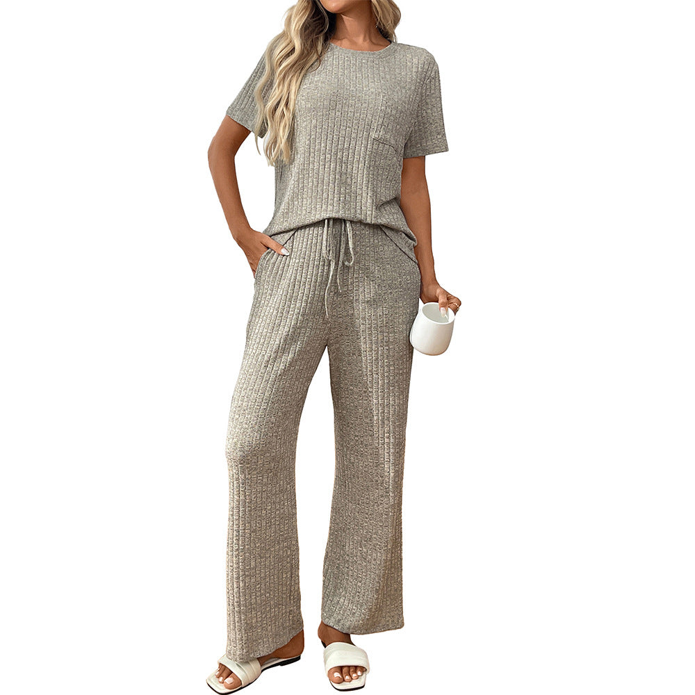 Ribbed Knit Lounge Set with Short Sleeve Top and Pants