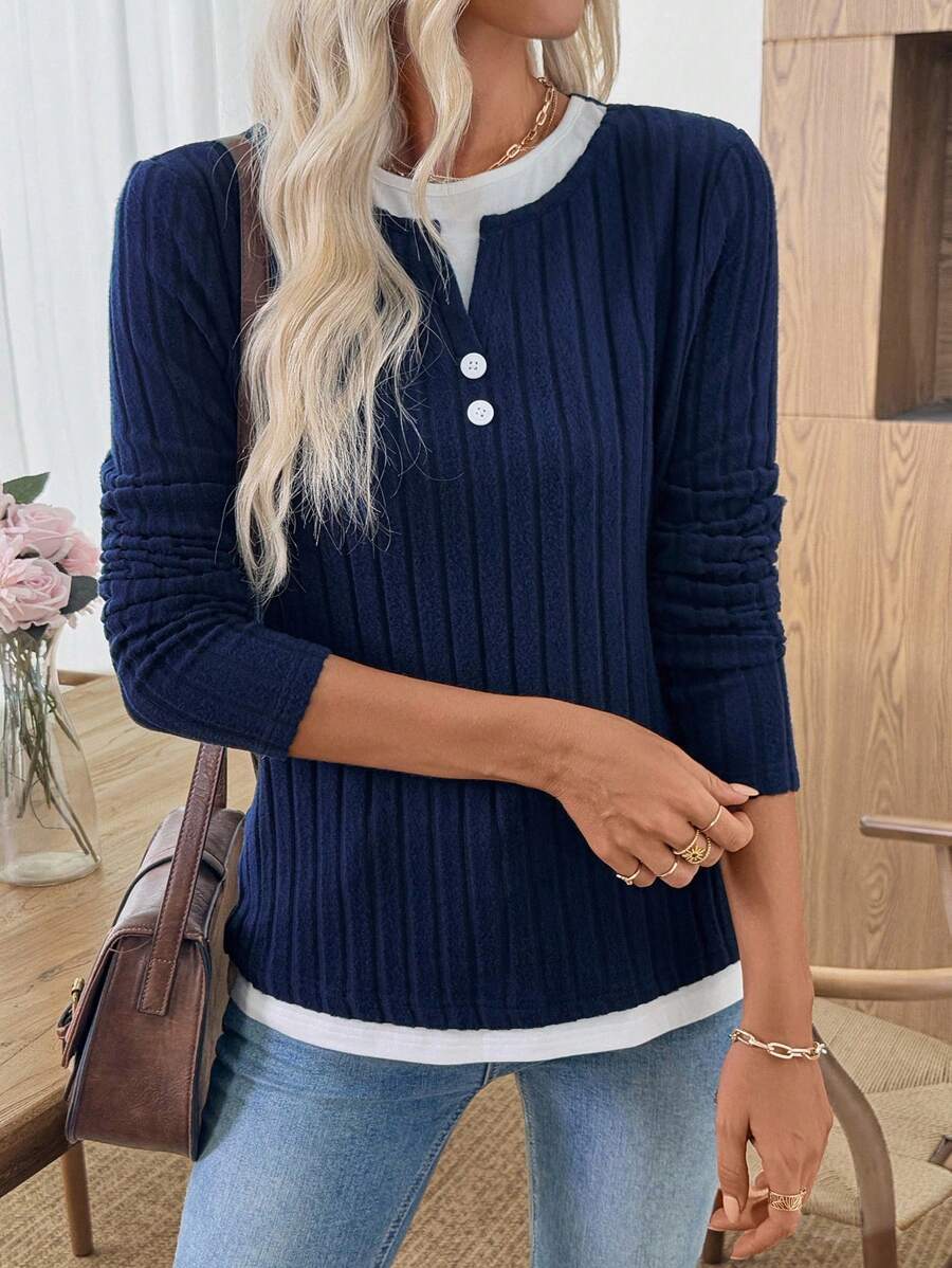 Solid Brushed Knit Top Casual Ribbed Henley Tee