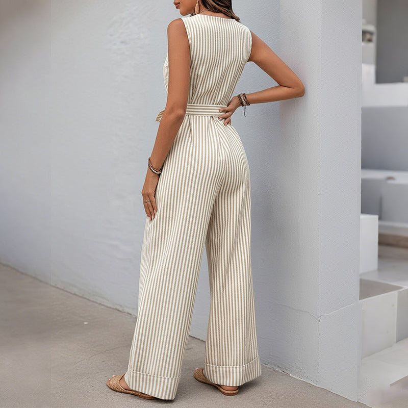 Striped Sleeveless V Neck Wide Leg Jumpsuit Belted