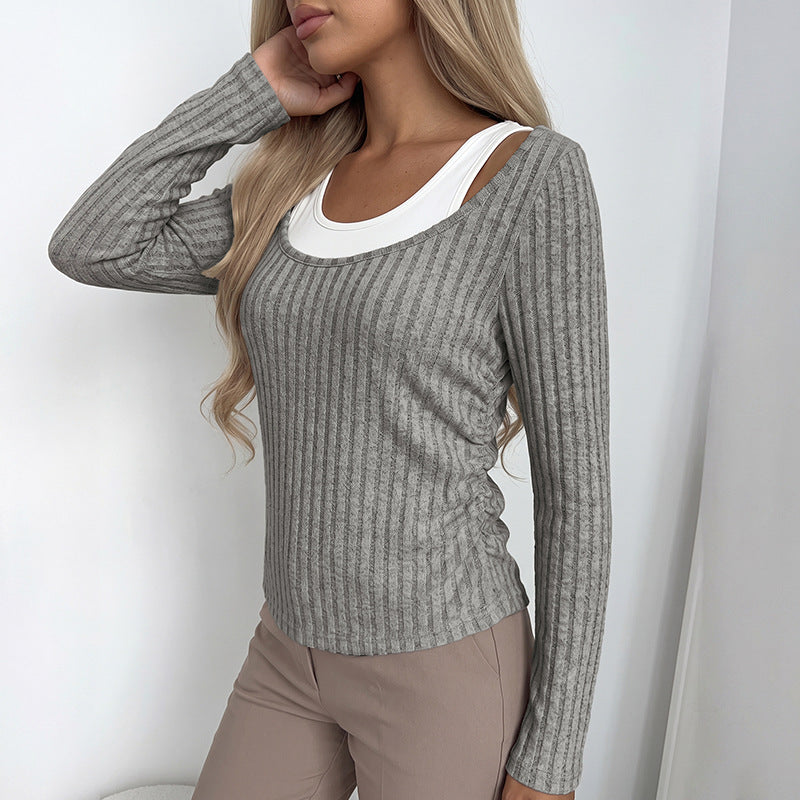 Colorblock Ribbed Top Casual Faux Layered Slim Fit