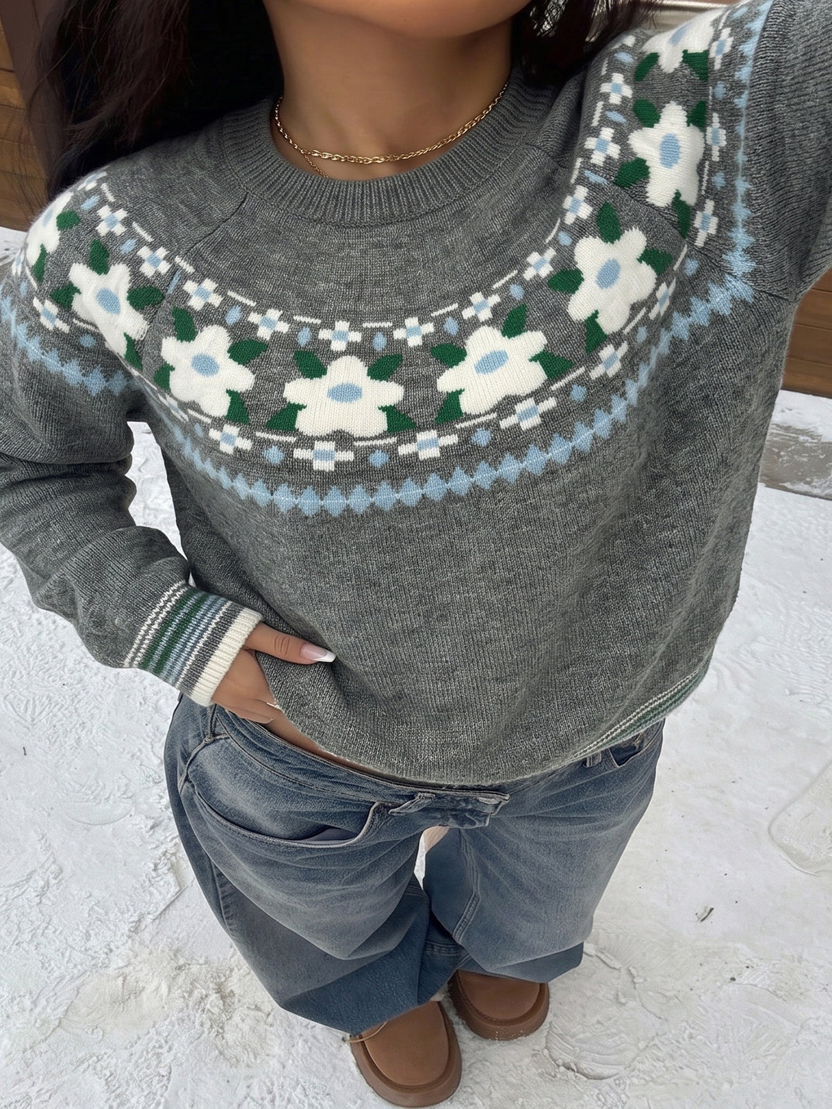 Women's Fair Isle Floral Oversized Crew Neck Sweater