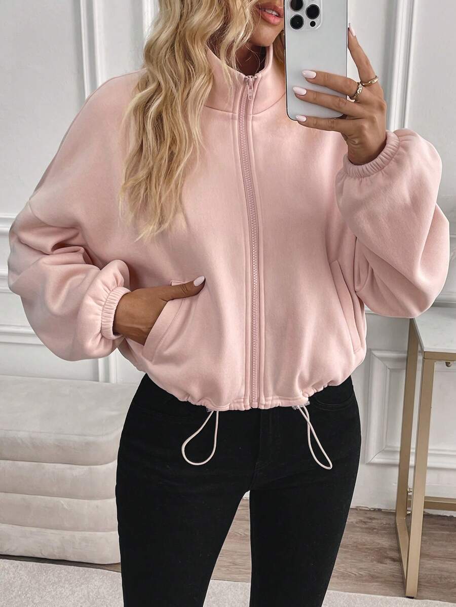 Fleece Zip Up Jacket Drawstring Casual Cropped Outerwear