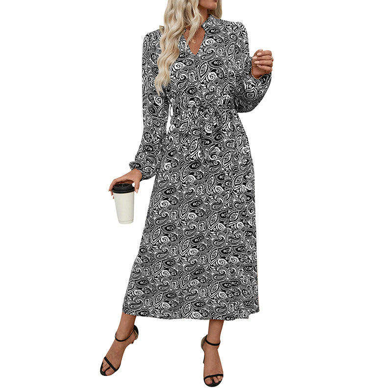Black Paisley Print V-Neck Long Sleeve Maxi Dress