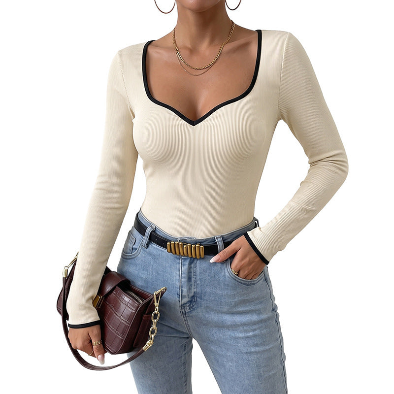 Women's Ribbed Long Sleeve Bodysuit Contrast Trim V Neck