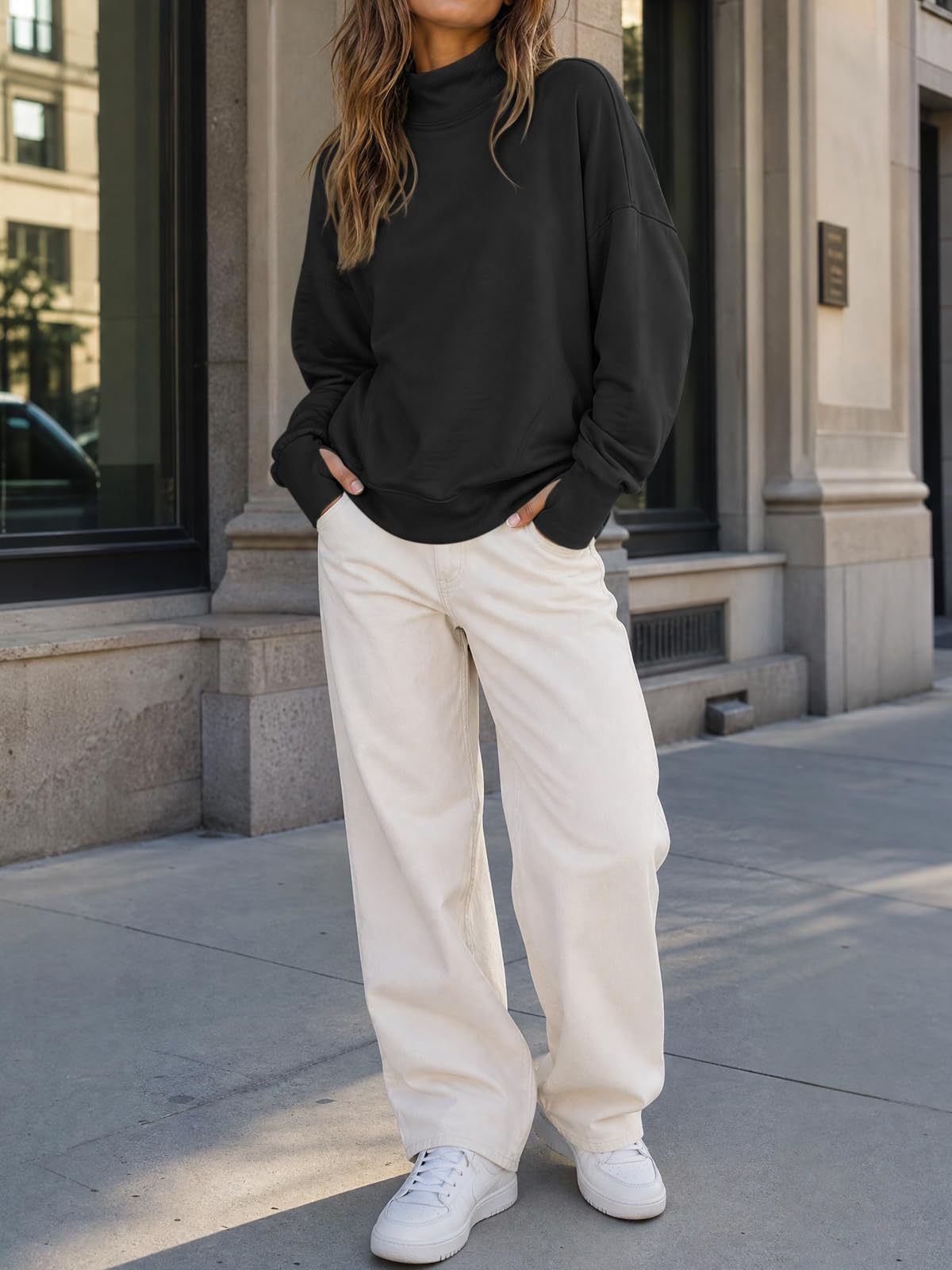 Mock Neck Oversized Womens Sweatshirt Solid Pullover Top