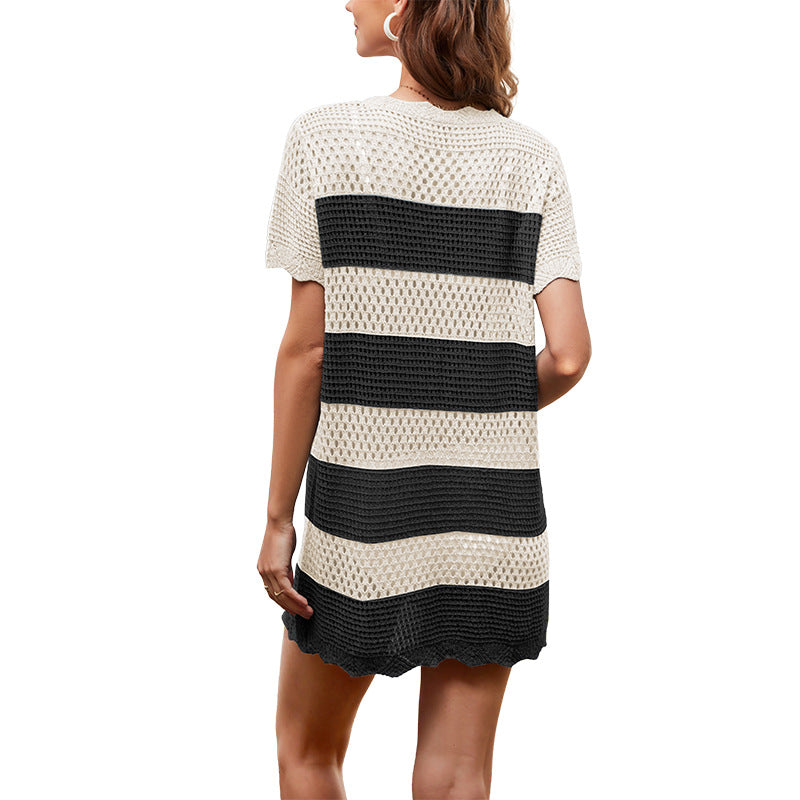 Summer Knit Beach Dress Women Striped Hollow Out Casual Tunic