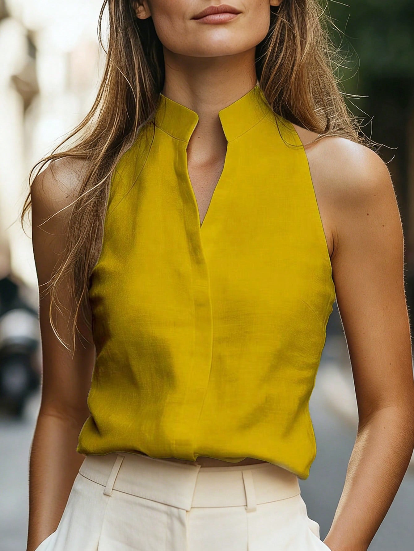 Solid Chiffon Blouse Boutique Draped V Neck Sleeveless Top