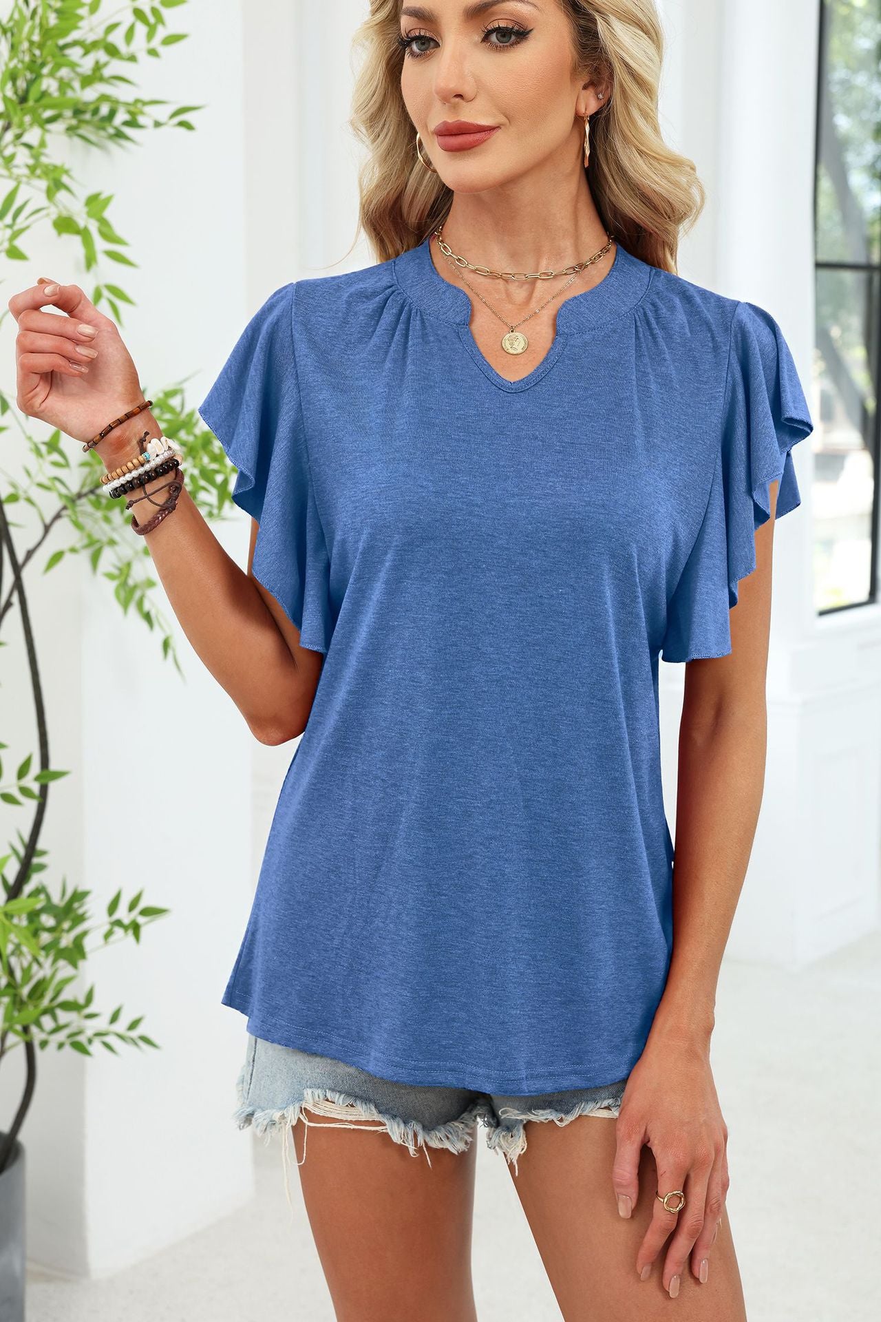 Women's V Neck Flutter Sleeve Loose Fit Casual Summer Tee