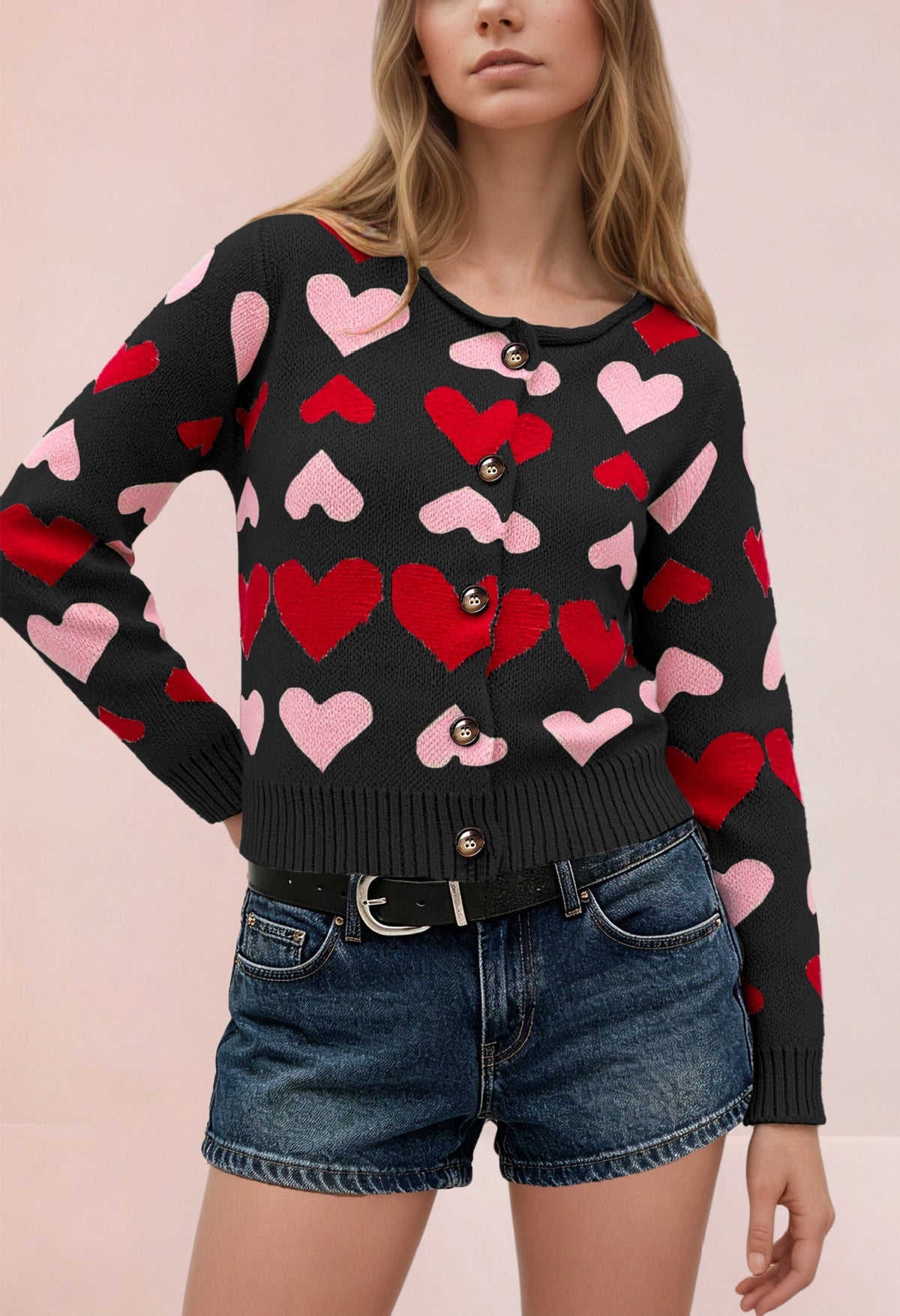 Women's Heart Print Color Block Knit Button Front Cardigan