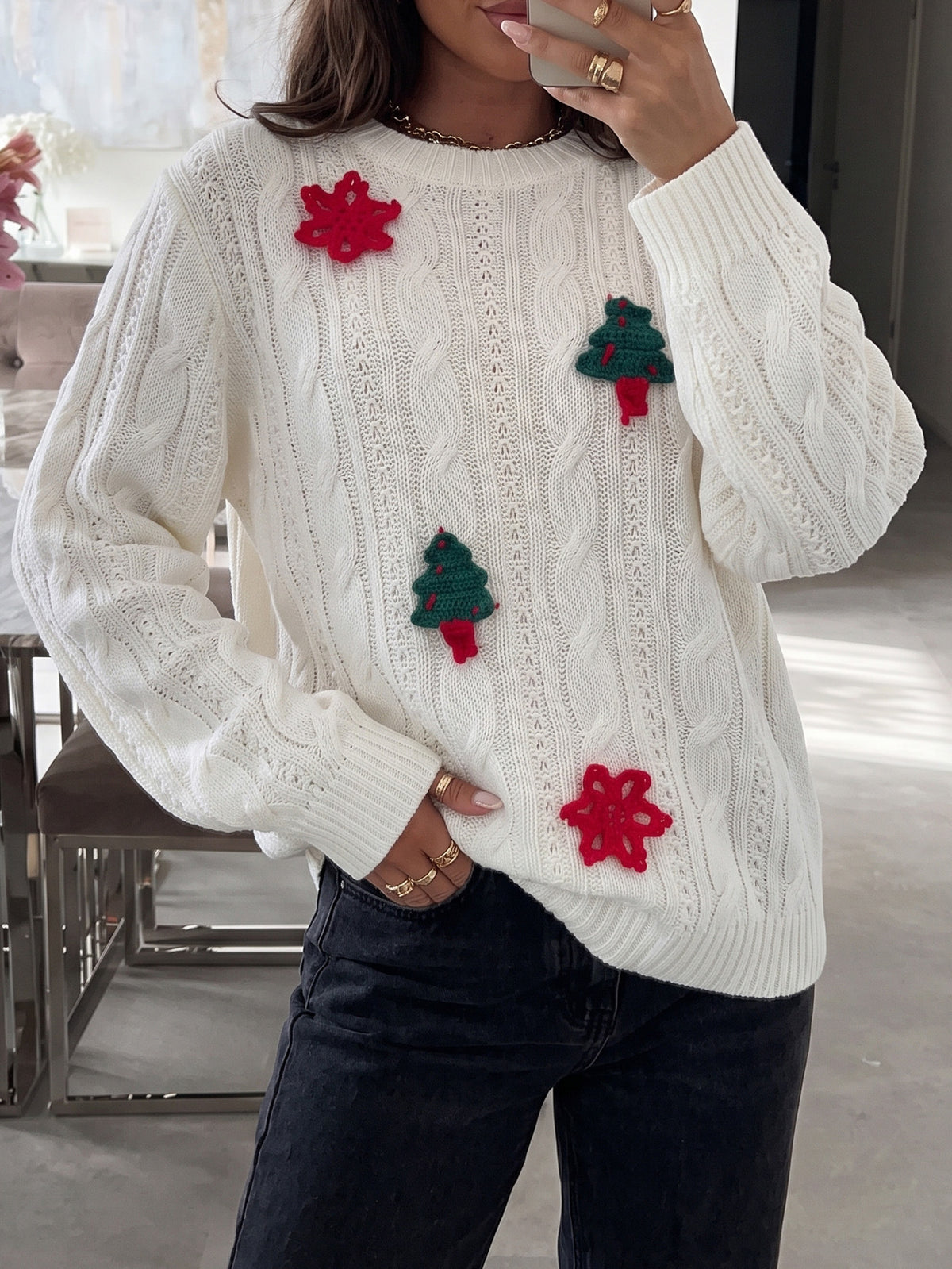 Women's Christmas Tree Snowflake Cable Knit Sweater