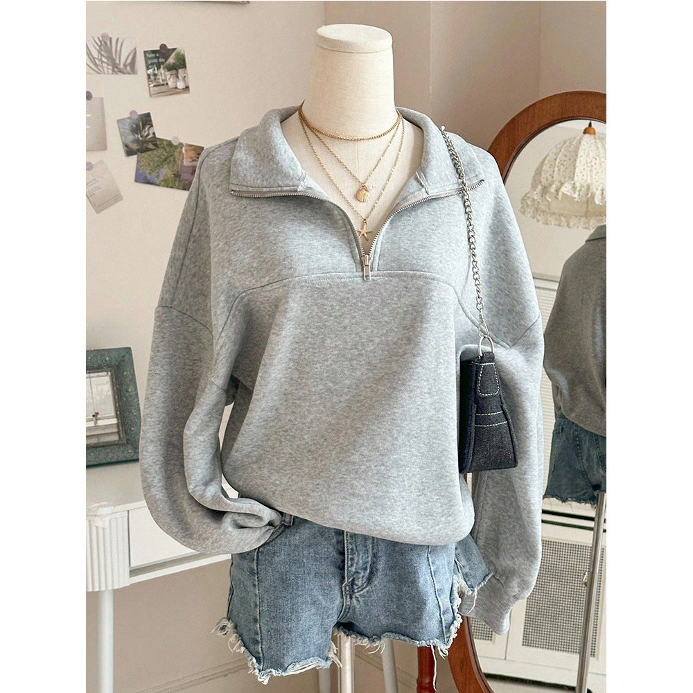 Solid Fleece Sweatshirt Casual Half Zip Oversized