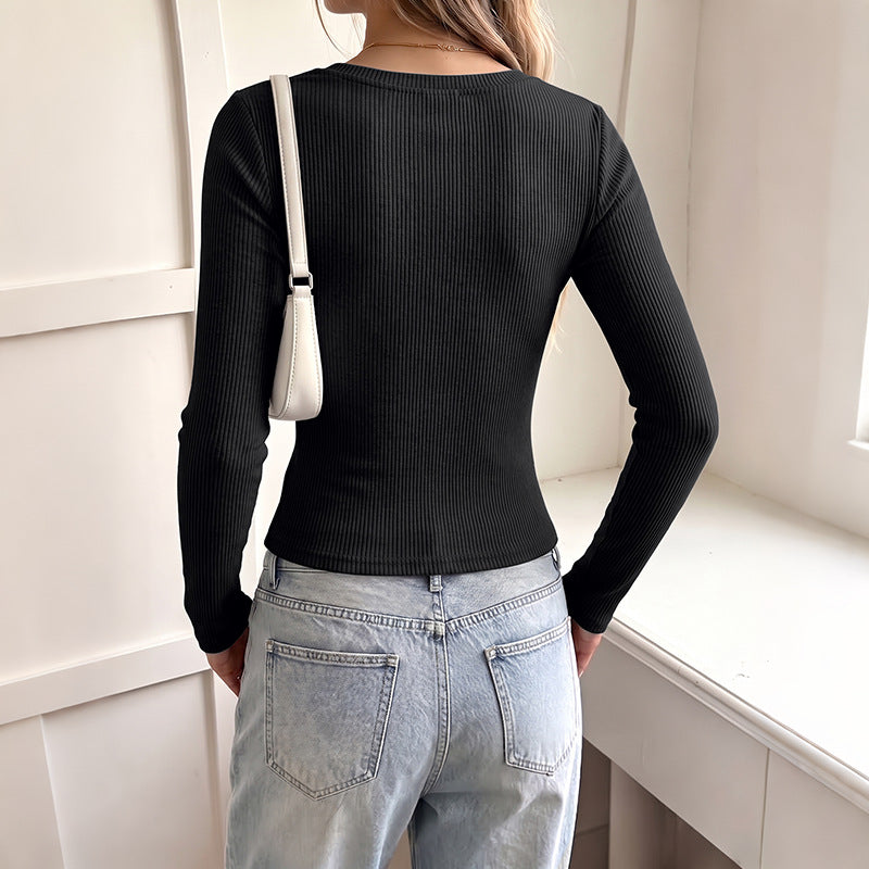 Solid Ribbed Knit Top Lace Trim V Neck Long Sleeve