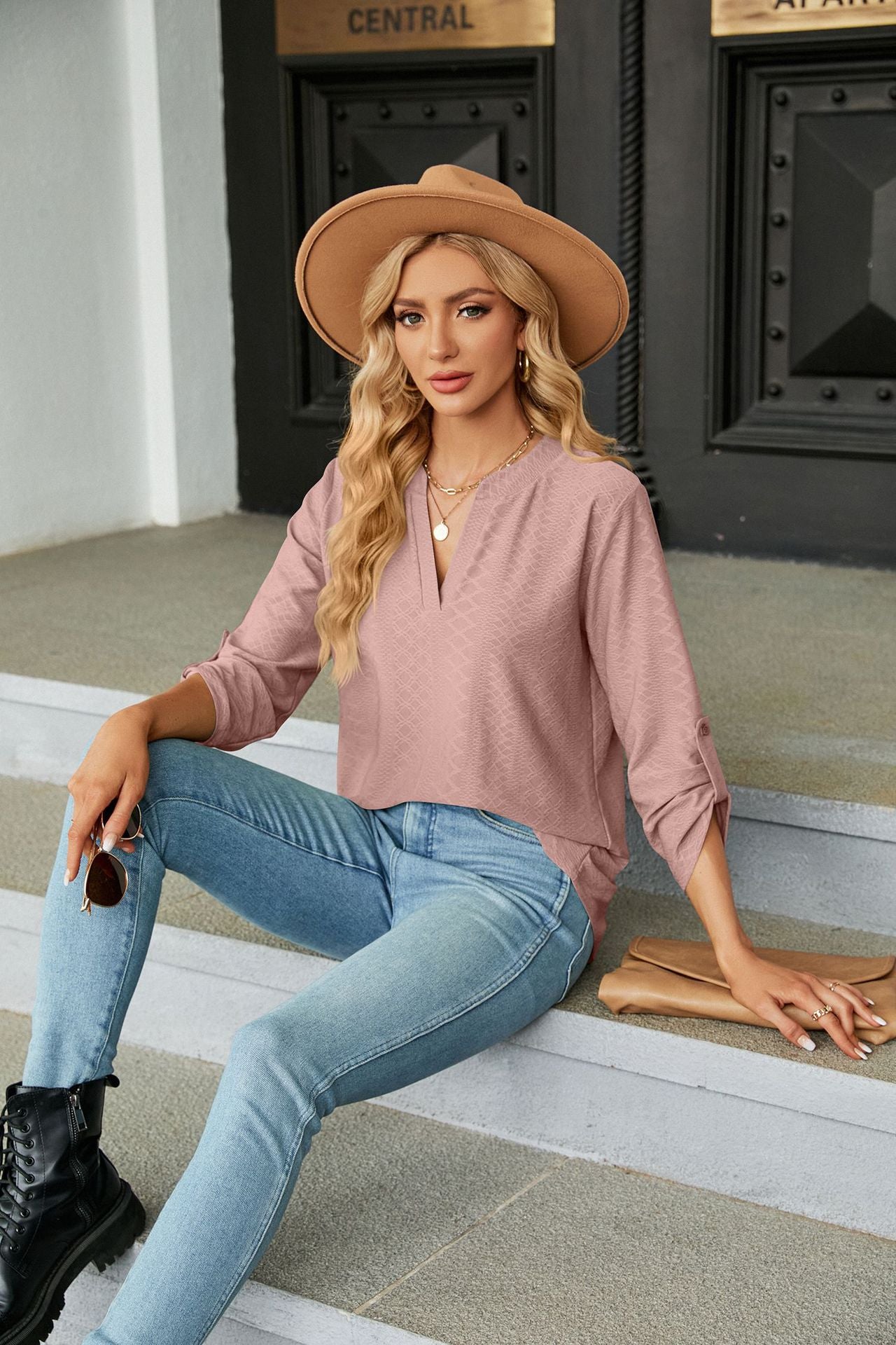 Women's V Neck 3/4 Sleeve Button Loose Fit Blouse Top
