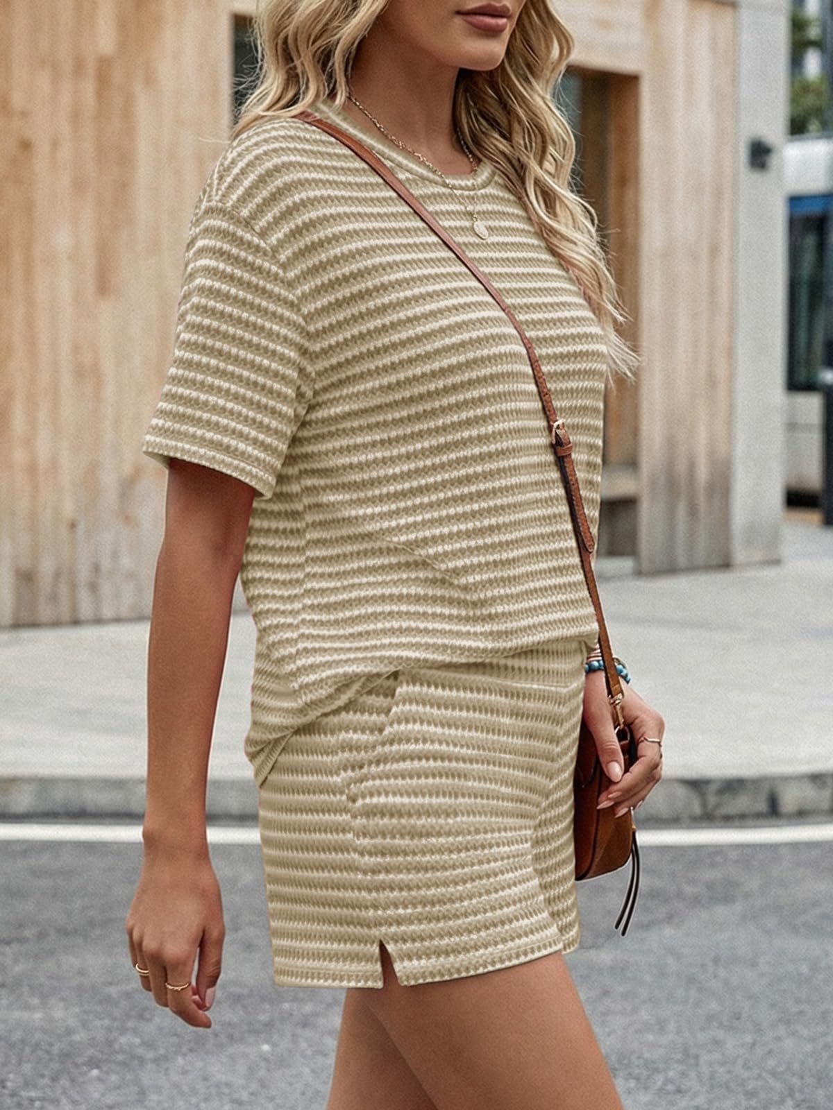 Striped Knit Shorts Set Boutique Ribbed Loungewear Fitted