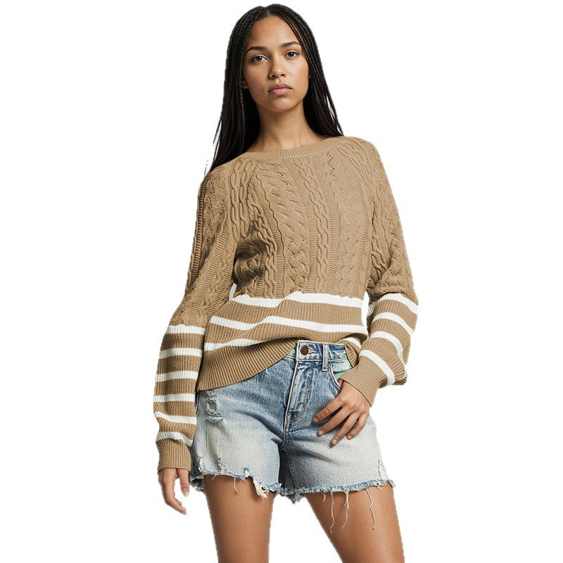 Women's Oversized Cable Knit Striped Color Block Sweater