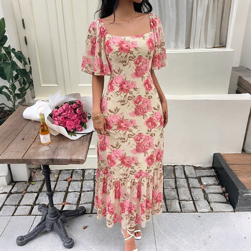 Floral Chiffon Midi Dress Romantic Flutter Sleeve