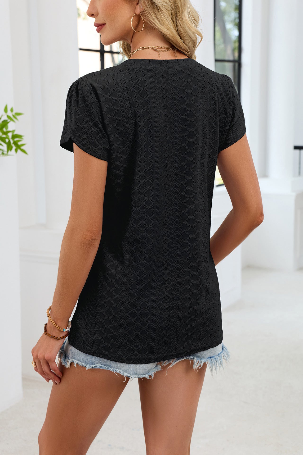 V Neck Eyelet Knit Top Flutter Sleeve Loose Tee