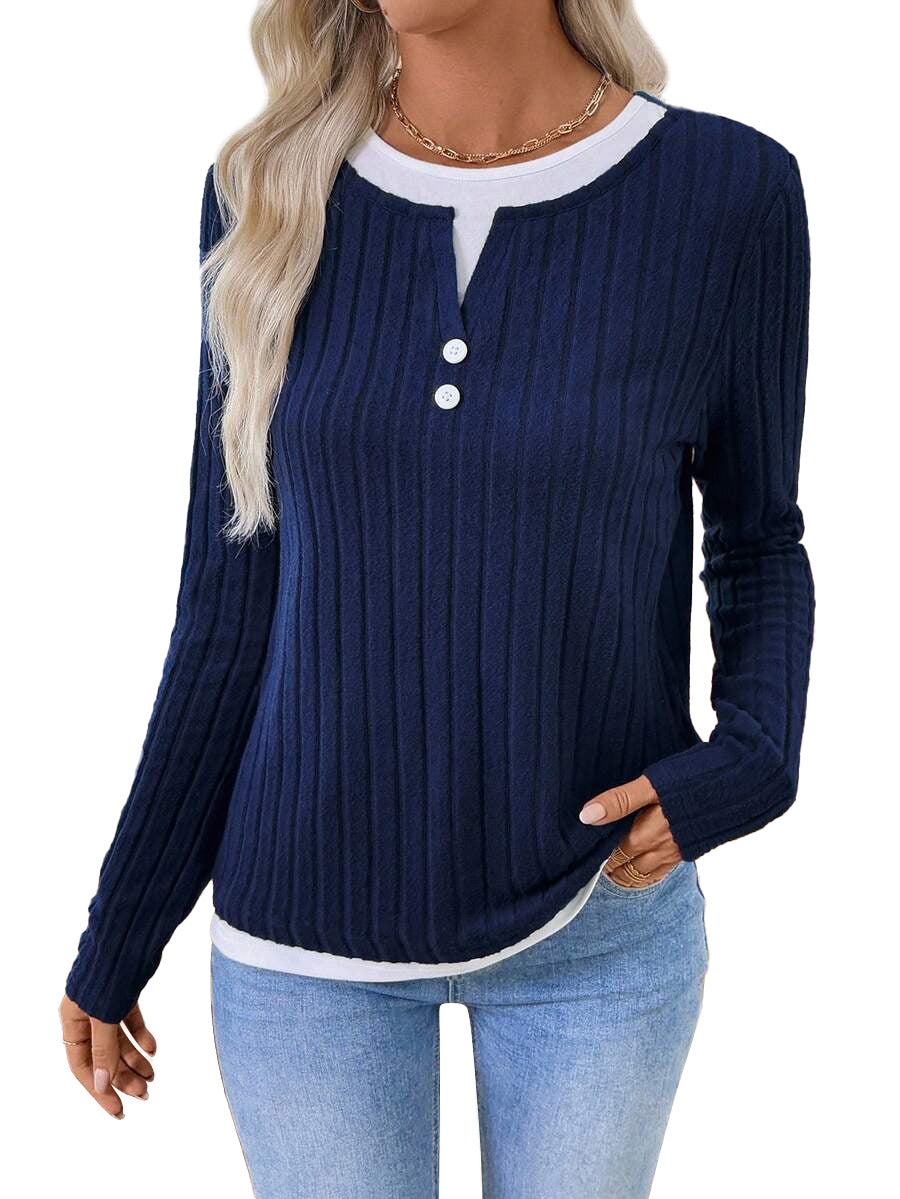 Solid Brushed Knit Top Casual Ribbed Henley Tee