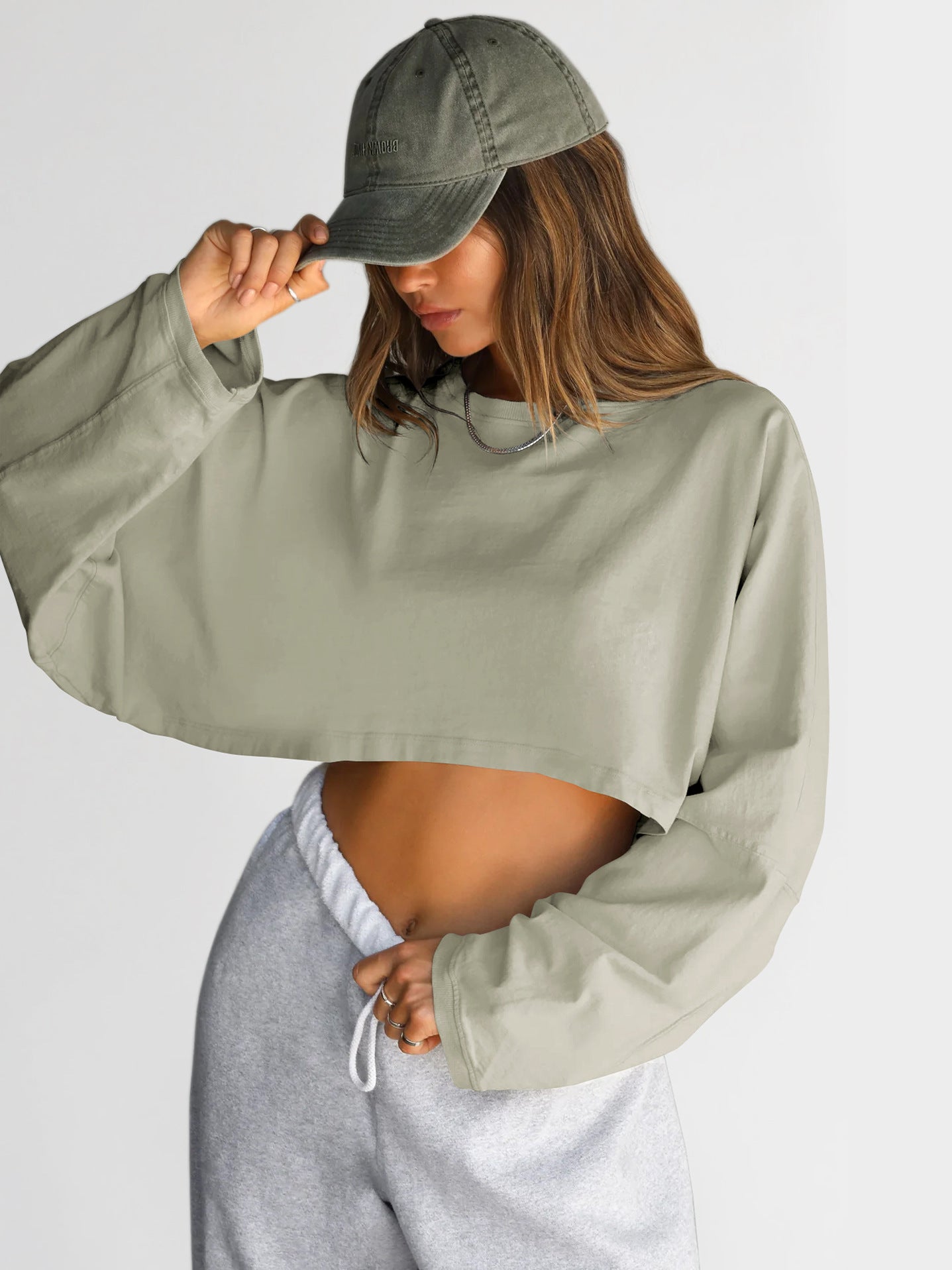 Cropped Crewneck Sweatshirt Women Long Sleeve Crop Top Tee
