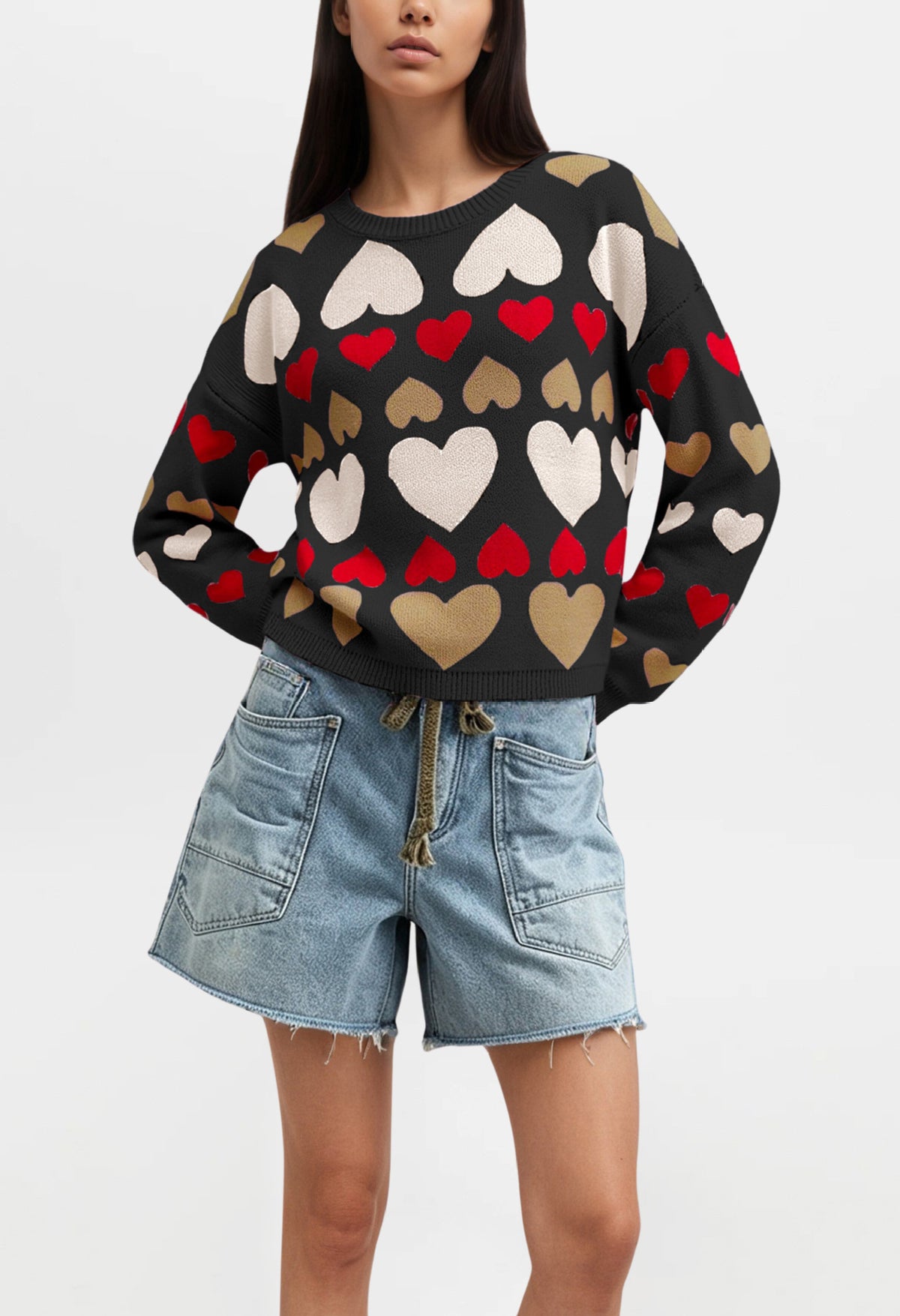 Women's Oversized Colorblock Heart Knit Sweater