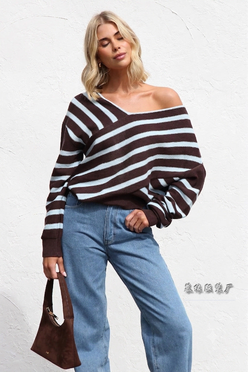 Women Striped Off Shoulder Sweater Asymmetric Knit Top