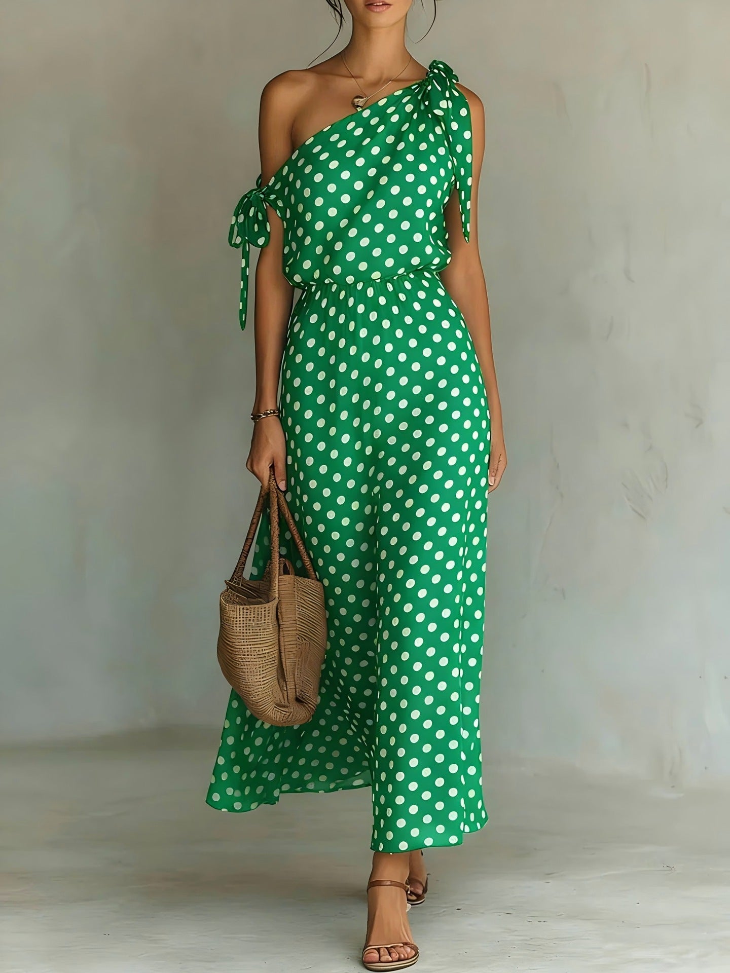 Polka Dot One-Shoulder Maxi Dress with Tie Straps