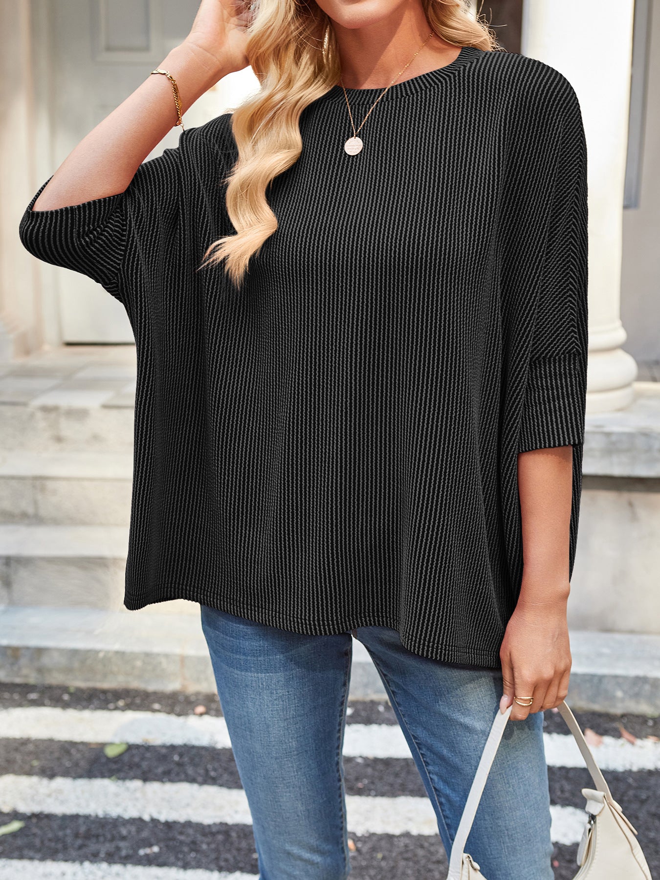 Ribbed Oversized Batwing Sleeve Crewneck Tee Top