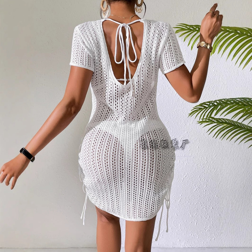 Women Backless Crochet Bikini Cover Up Drawstring Dress